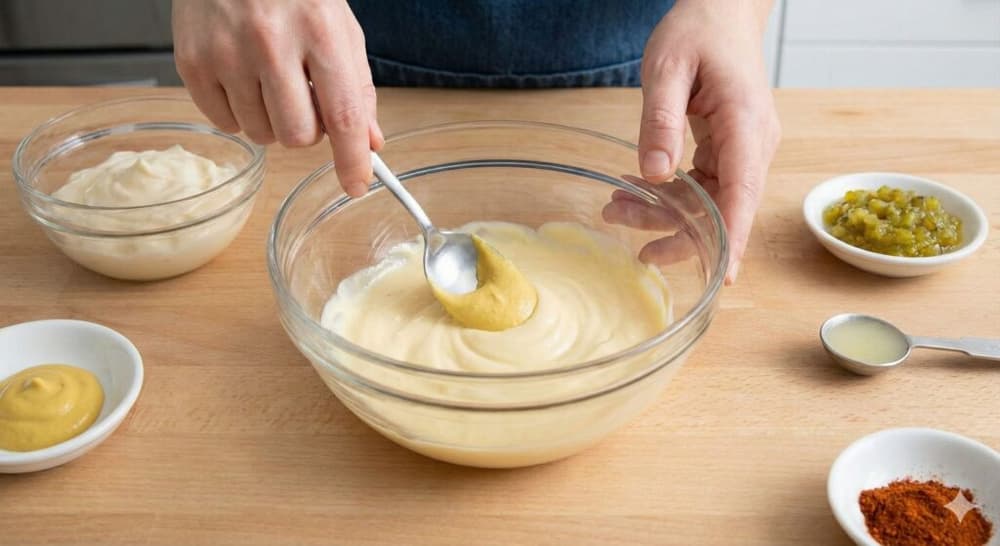 Combine the mayonnaise and yellow mustard in a mixing bowl.
