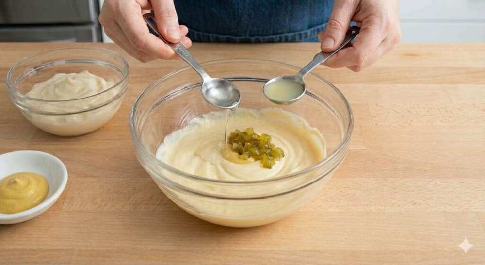Slowly incorporate the white vinegar and lemon juice