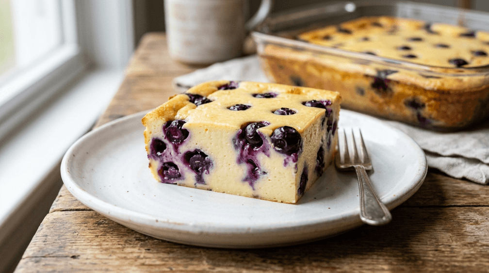 A square slice of blueberry cottage cheese breakfast bake on a plate, blueberries throughout and no crust, with the rest of the bake in its dish behind