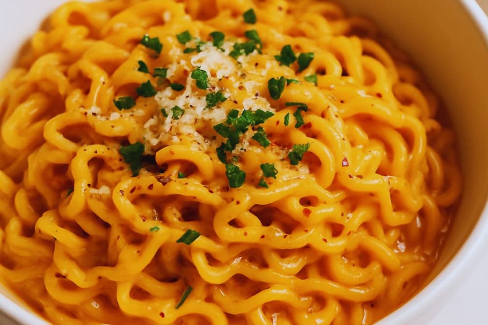 A plate of spicy Buldak carbonara noodles topped with creamy sauce, cheese, and chili flakes.