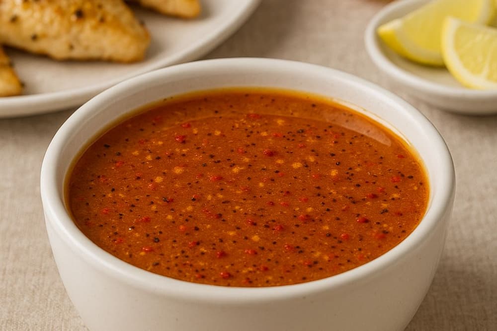 A bowl of Cajun honey butter sauce with a rich amber color.
