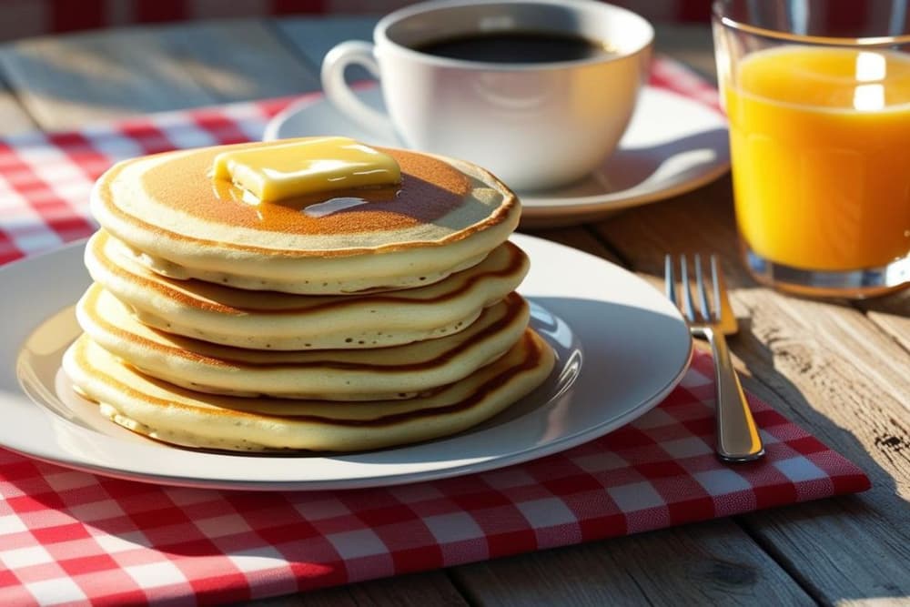 Fluffy golden diner pancakes topped with butter and served with a glass of fresh juice.