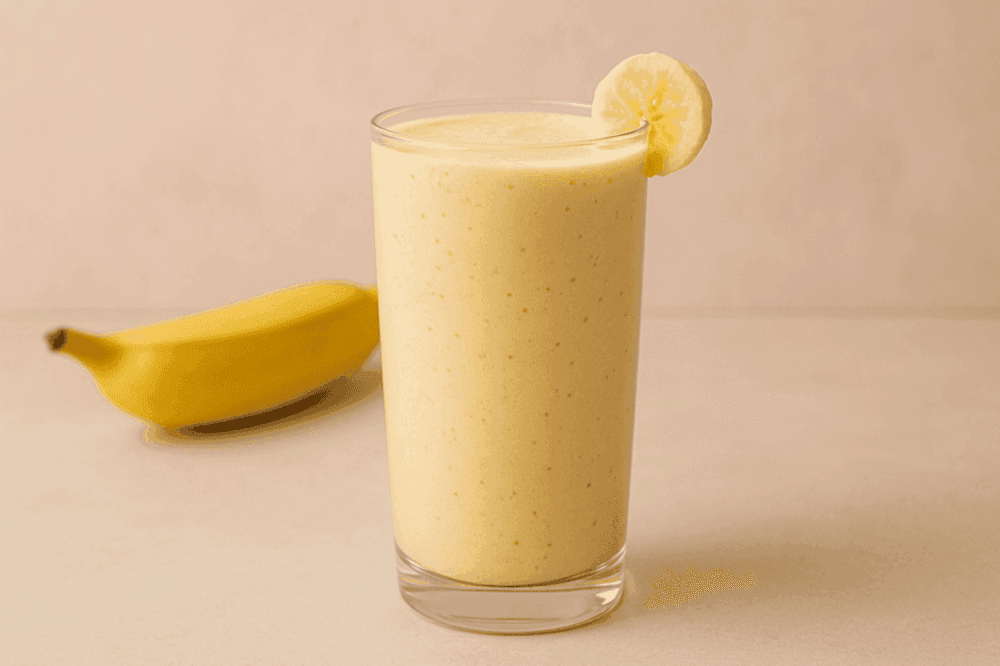 Glass of creamy banana weight loss smoothie topped with chia seeds and banana slices.