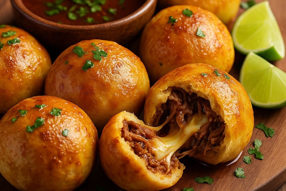 Close-up of crispy golden Birria Bombs filled with shredded beef and melted cheese