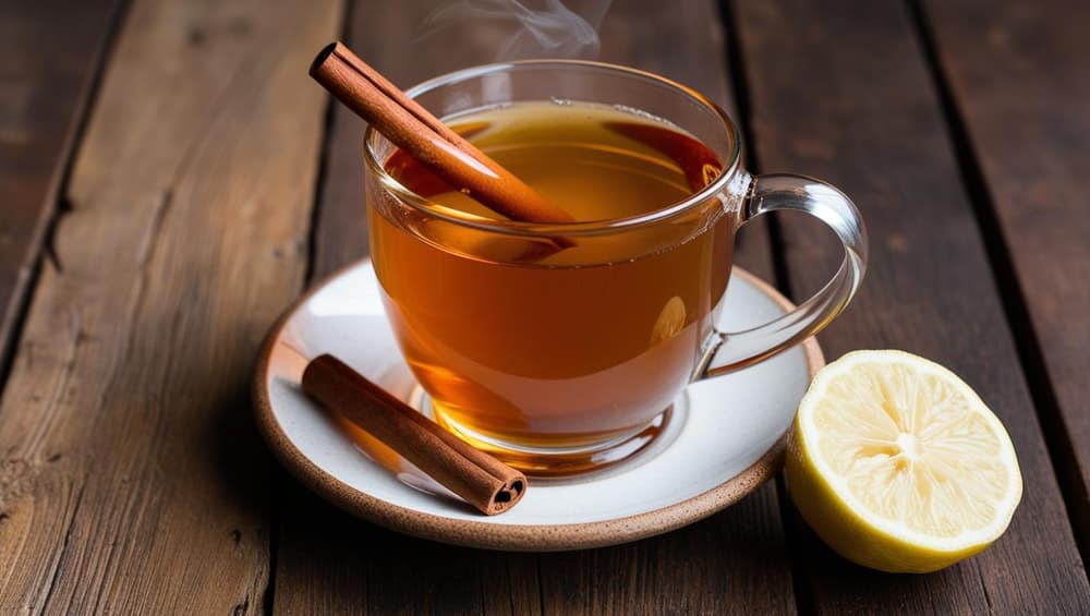 A cup of Costa Rican tea with lime slices and a cinnamon stick.