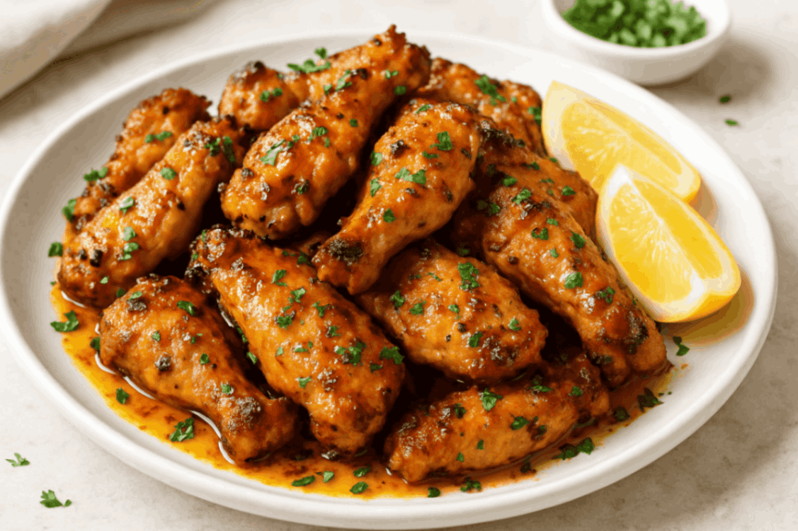 Golden cowboy butter chicken wings glazed with garlic herb butter and served with lemon wedges.