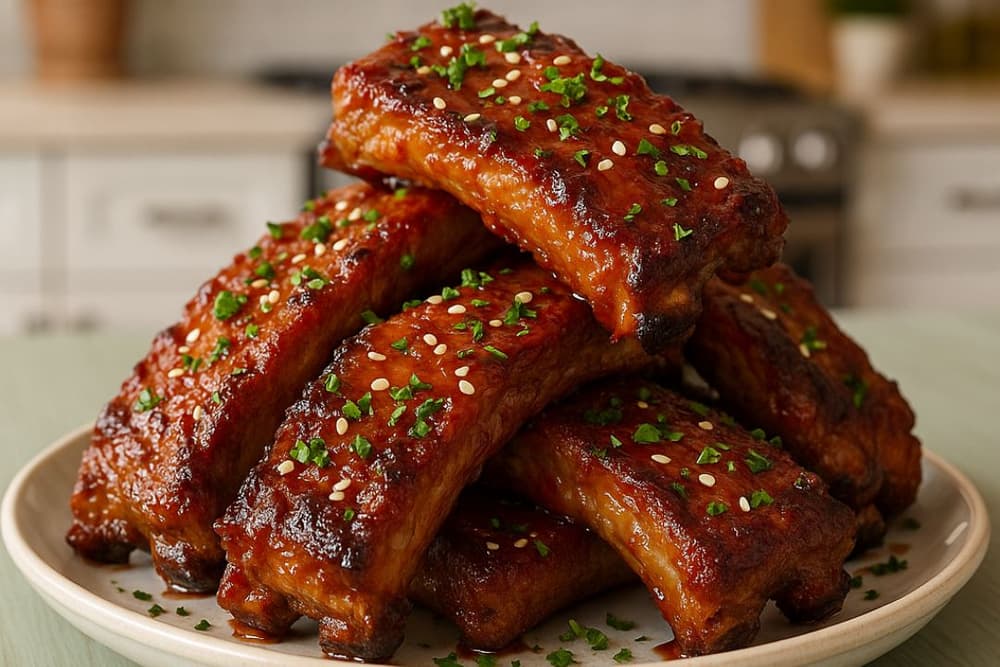 A platter of tender party ribs coated in BBQ glaze and garnished with sesame seeds.