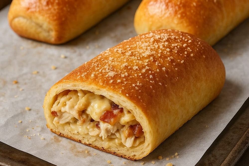 Golden homemade Costco chicken bake cut open to reveal cheesy chicken and bacon filling.