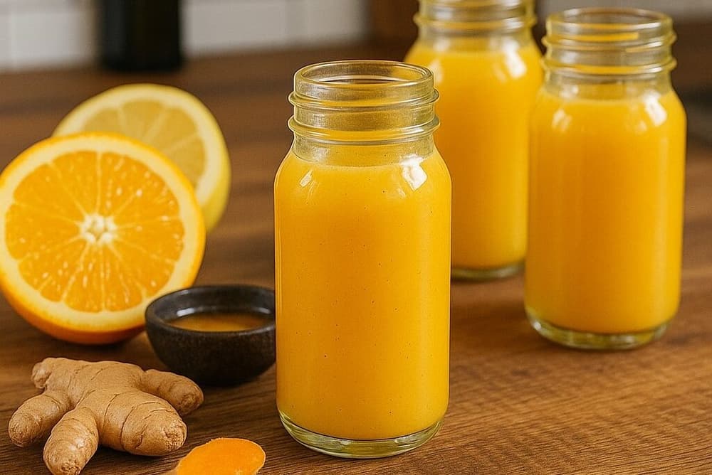 Three glass bottles filled with immunity shots, surrounded by ginger, turmeric, citrus fruits, and peppercorns on a wooden kitchen counter.