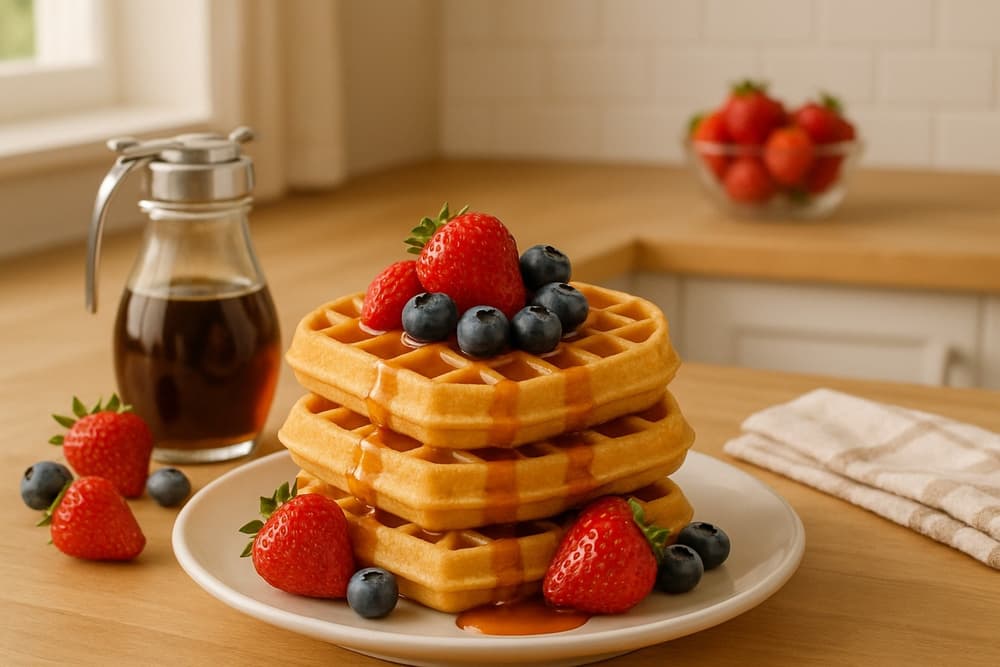 Krusteaz waffles served with berries and syrup on a kitchen counter.