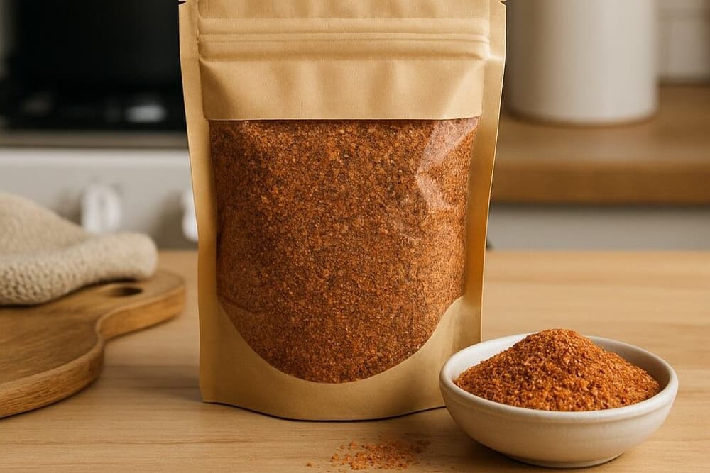 A ceramic bowl filled with homemade pot roast seasoning placed on a rustic kitchen counter, surrounded by herbs and spices.