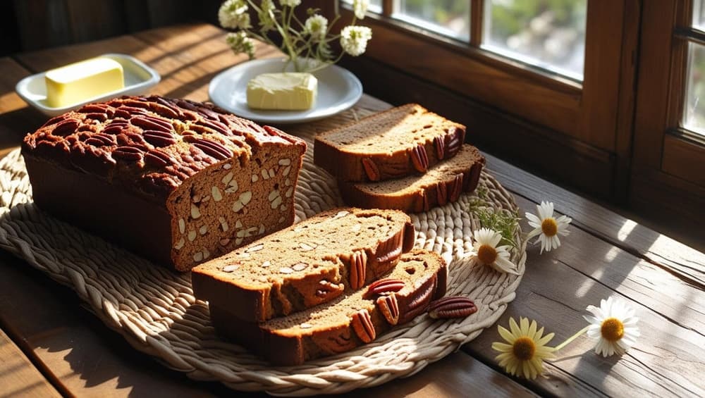 A close-up of freshly baked Sweet Alabama Pecan Bread cut into squares, showing a moist texture and studded with crunchy pecans on top.