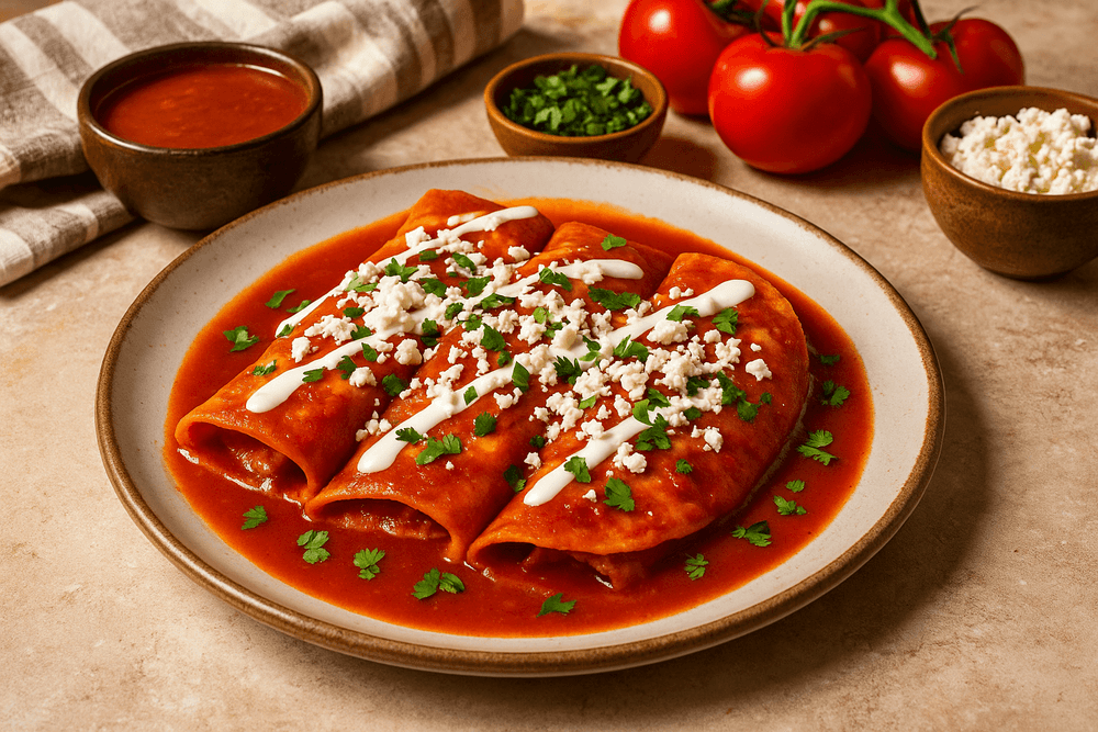 Authentic Mexican entomatadas topped with queso fresco, crema, and fresh cilantro on a rustic plate in a cozy kitchen setting.