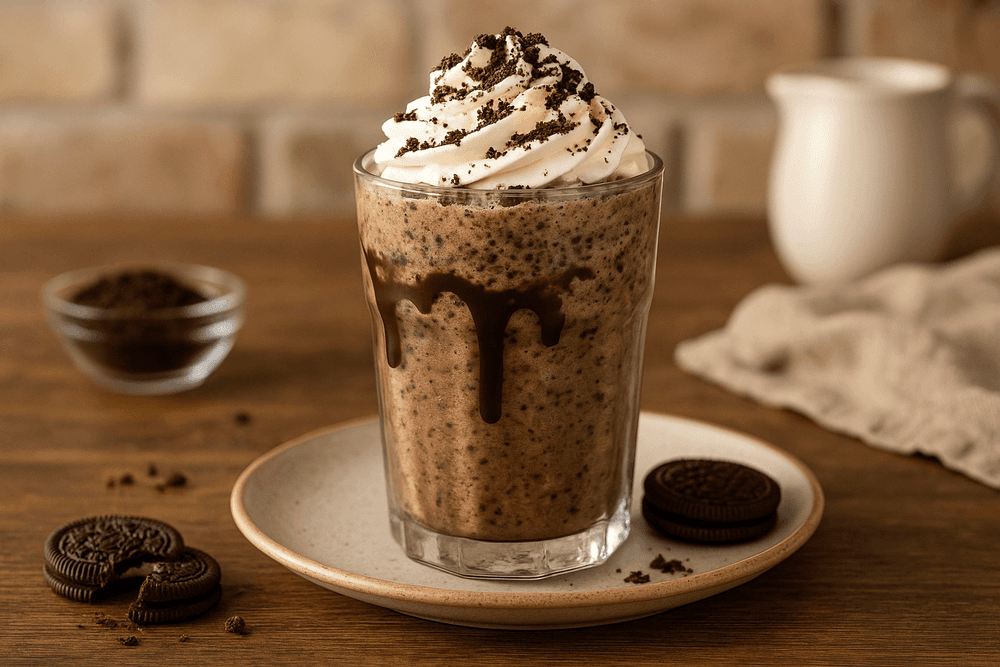 Homemade Mocha Cookie Crumble Frappuccino topped with whipped cream, chocolate drizzle, and cookie crumbles in a cozy kitchen setting