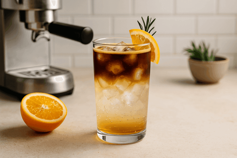 A tall glass of espresso tonic with layered espresso and tonic water, garnished with an orange slice and rosemary in a cozy kitchen setting.