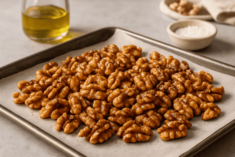 Golden roasted walnuts on parchment paper with olive oil and salt in a cozy kitchen setting.