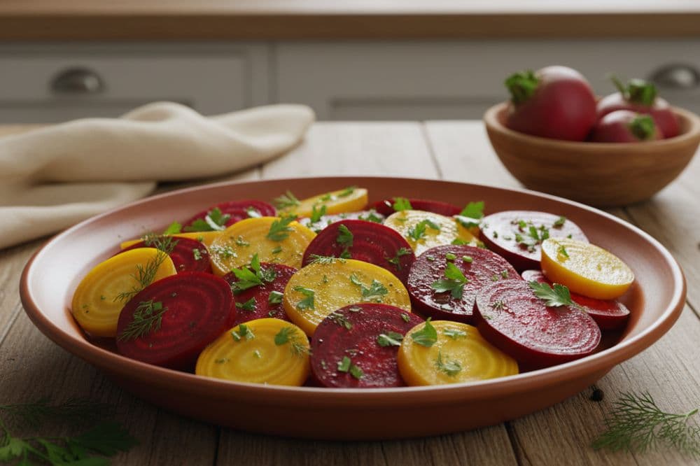 A bowl of sliced boiled beets drizzled with olive oil and garnished with fresh herbs, on a rustic wooden table.