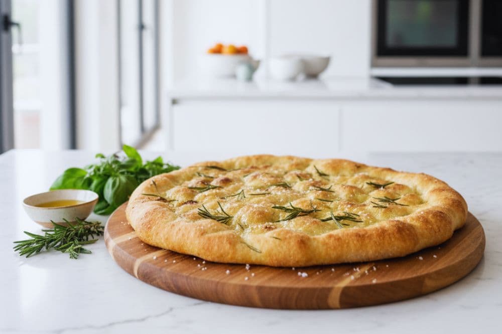 Golden-brown Classic Tuscan Schiacciata Flatbread with olive oil and rosemary on a kitchen shelf.