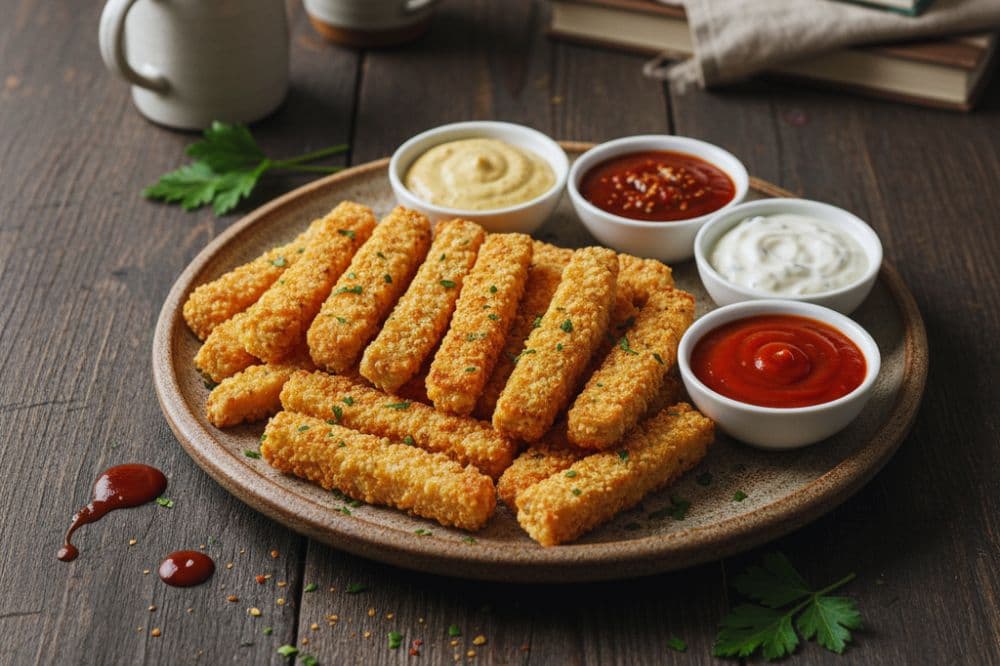 Golden, crispy homemade chicken fries arranged on a clean wooden table with dipping sauces and fresh herbs in an organized kitchen setting.