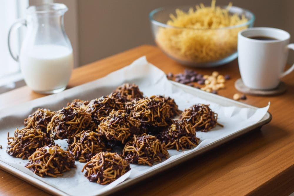 Close-up of homemade Haystack Cookies on a parchment-lined tray, coated in chocolate and butterscotch with a crunchy texture.
