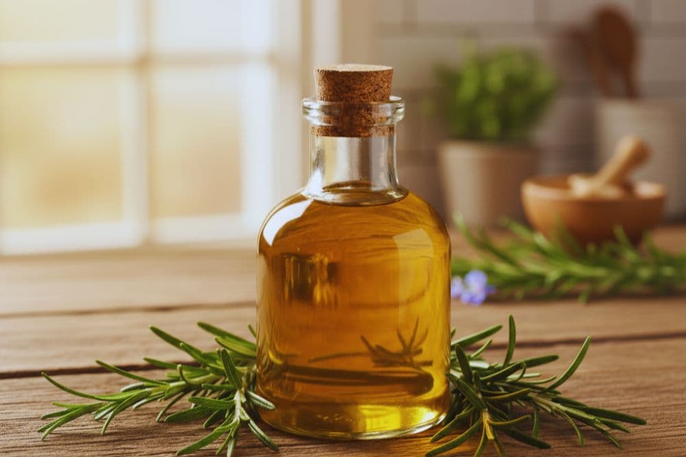 A glass bottle filled with golden rosemary-infused oil, surrounded by fresh rosemary sprigs on a rustic wooden surface.