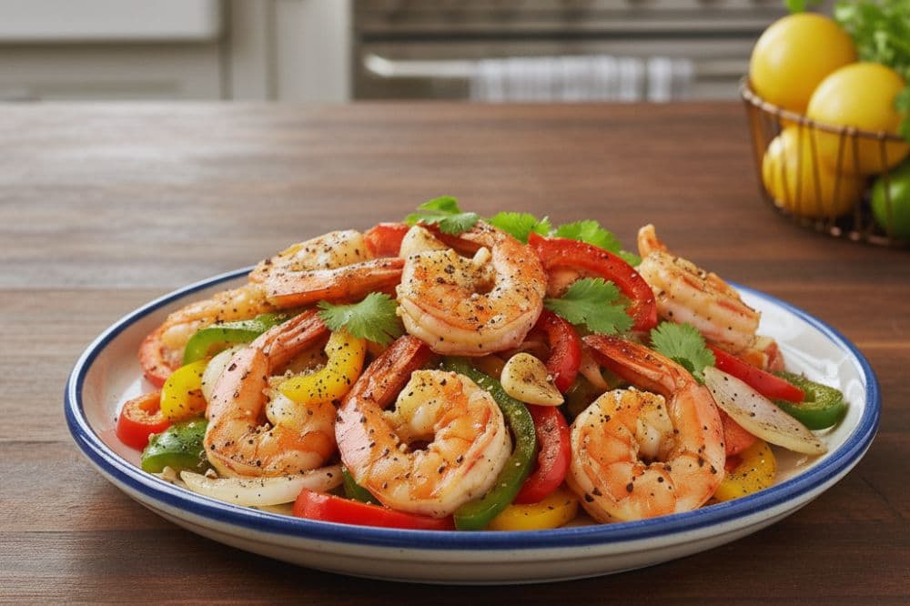 A plate of pepper shrimp stir-fry with red and green bell peppers, onions, and a sprinkle of cilantro, served on a rustic wooden table.