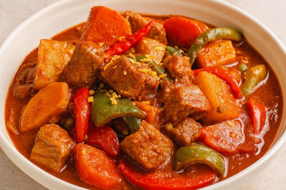A bowl of Pork Caldereta featuring tender pork chunks, potatoes, carrots, and bell peppers in a rich tomato sauce