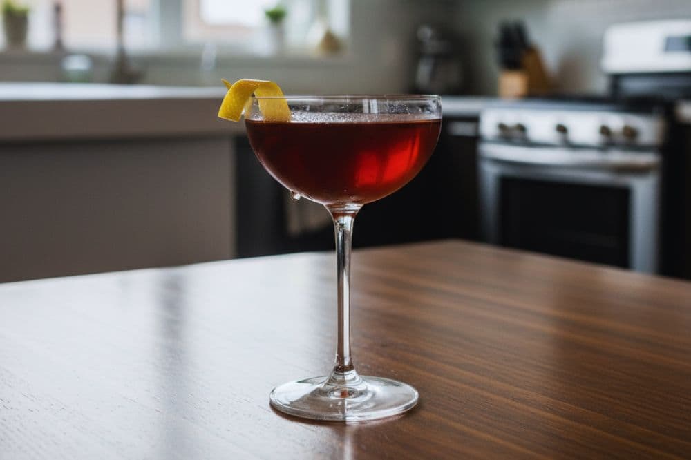 Trinidad Sour cocktail in a coupe glass with a lemon twist, showcasing a rich reddish-brown color on a wooden table.