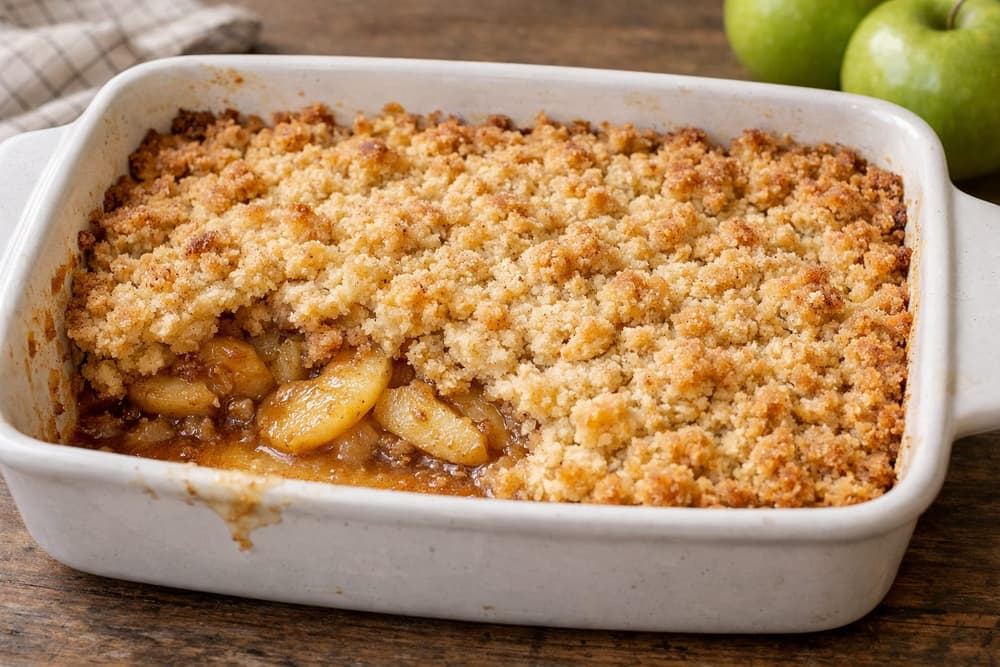 Apple crisp in a white baking dish, golden crumb topping with one corner scooped out to show the cinnamon apples