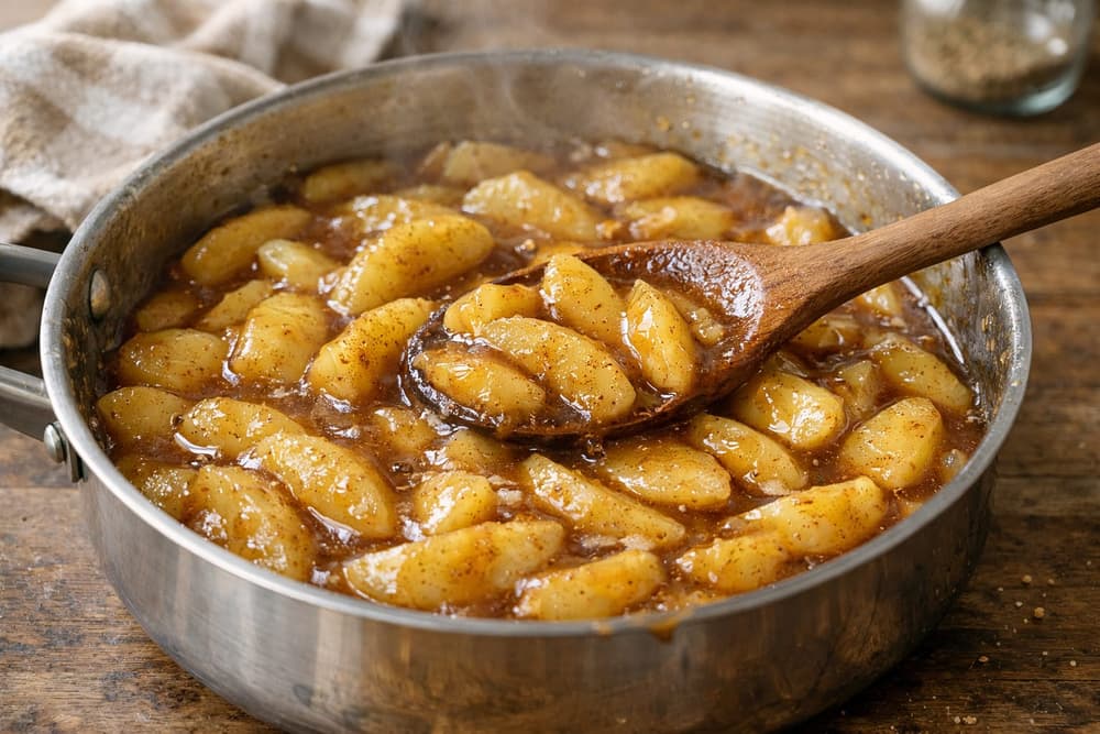 A pan of apple pie filling, cinnamon-coated apple slices in thick syrup, a wooden spoon lifting some of them