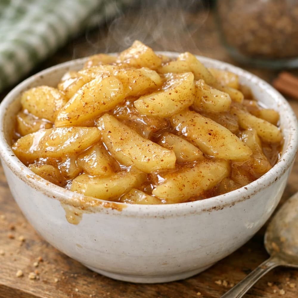 Bowl of stovetop apple pie filling, glossy cinnamon-coated apple slices with steam rising