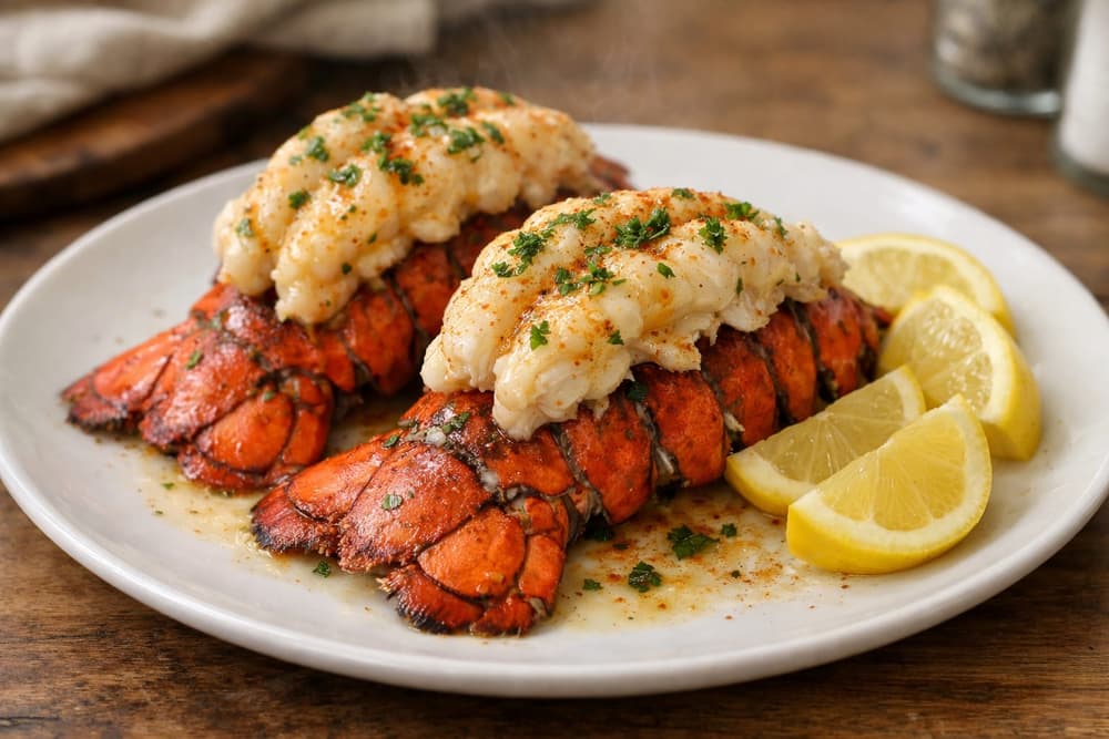 Two butterflied baked lobster tails with garlic butter and parsley on a white plate, lemon wedges beside them