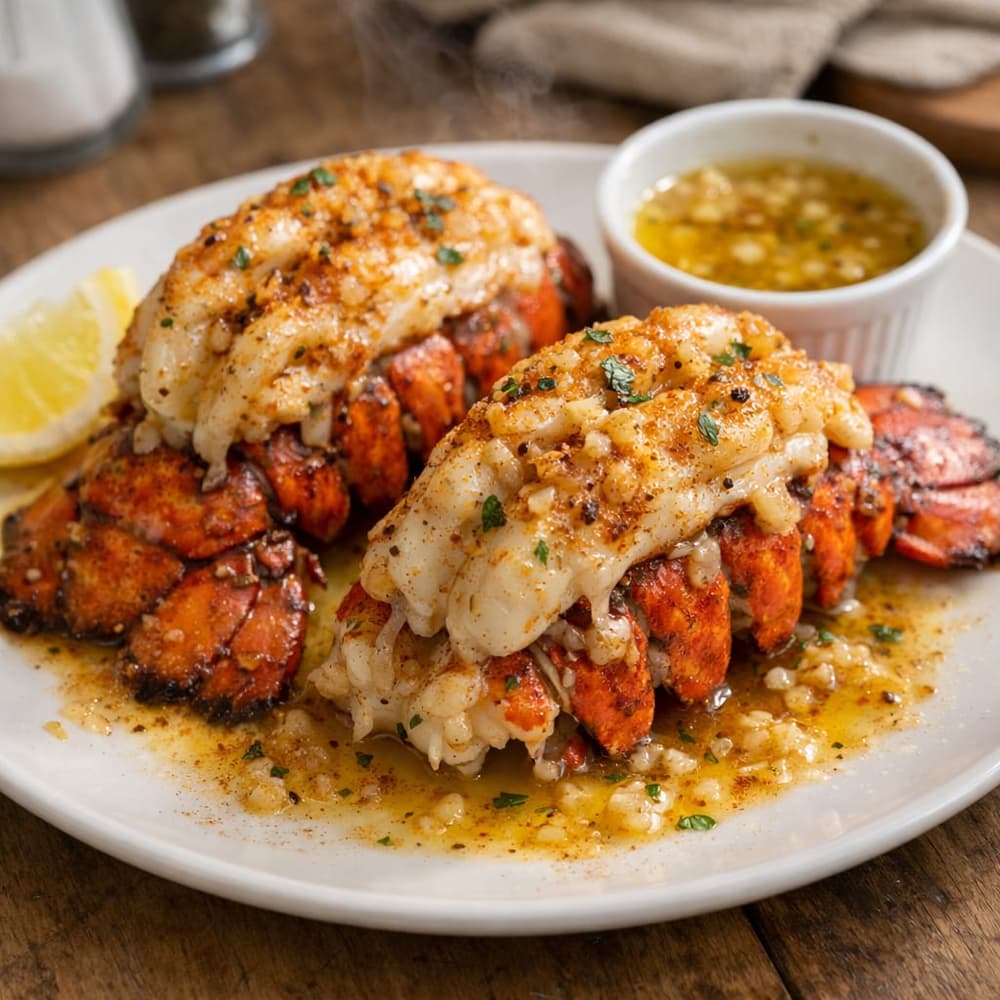 Two butterflied baked lobster tails with garlic butter on a white plate, with a ramekin of butter and a lemon wedge