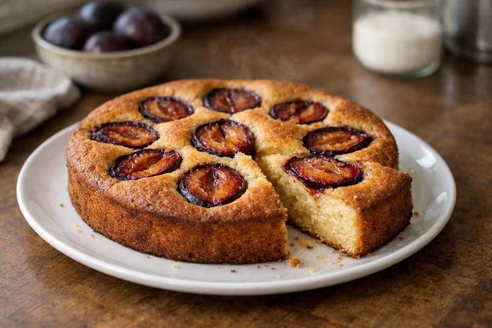 A round plum cake on a white plate, halved purple plums baked into the golden top, one slice cut and pulled out