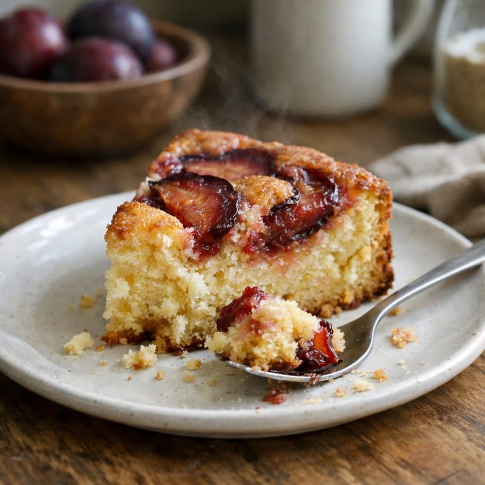 A slice of plum cake on a plate, halved purple plums sunk into the golden crumb, a bite on a spoon