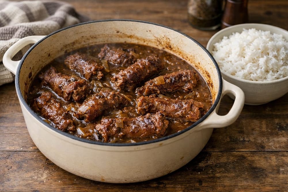 Turkey necks in dark onion gravy in a cream enamelled Dutch oven, a bowl of white rice beside it