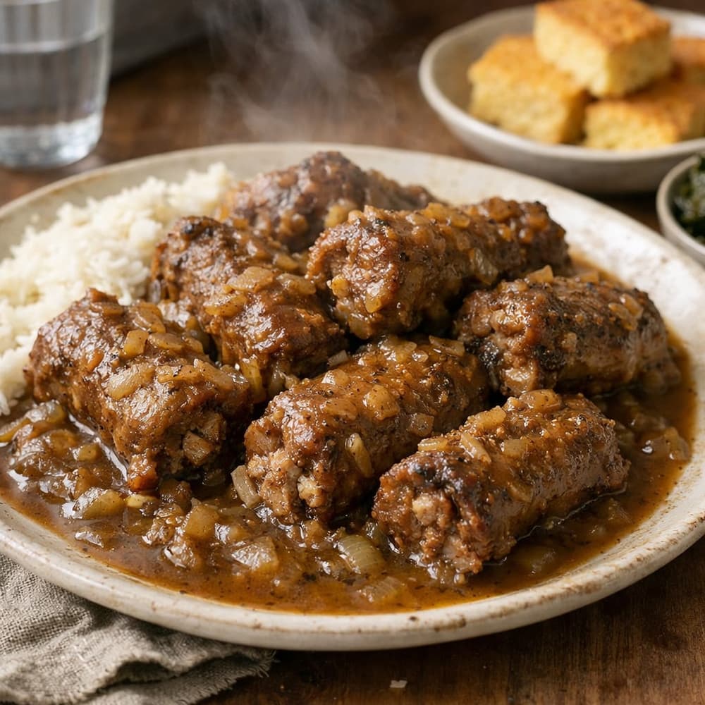 Smothered turkey necks in dark onion gravy in a Dutch oven, served beside white rice