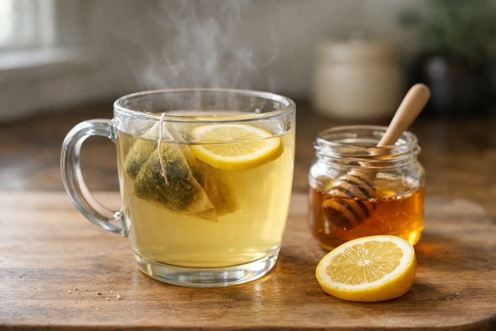 A glass mug of hot tea with two tea bags and a lemon slice, steam rising, a jar of honey and half a lemon beside it
