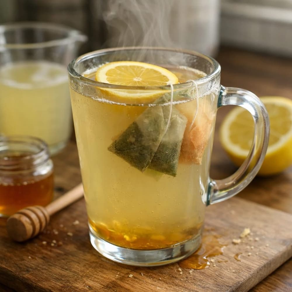 Glass mug of honey citrus mint tea with two tea bags steeping and a lemon slice, steam rising, honey jar beside it