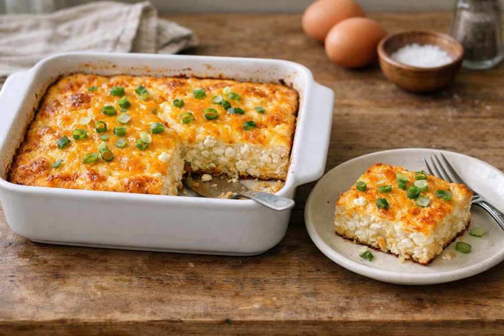 A baking dish of golden baked cottage cheese with cheddar and scallions, one square served on a plate beside it