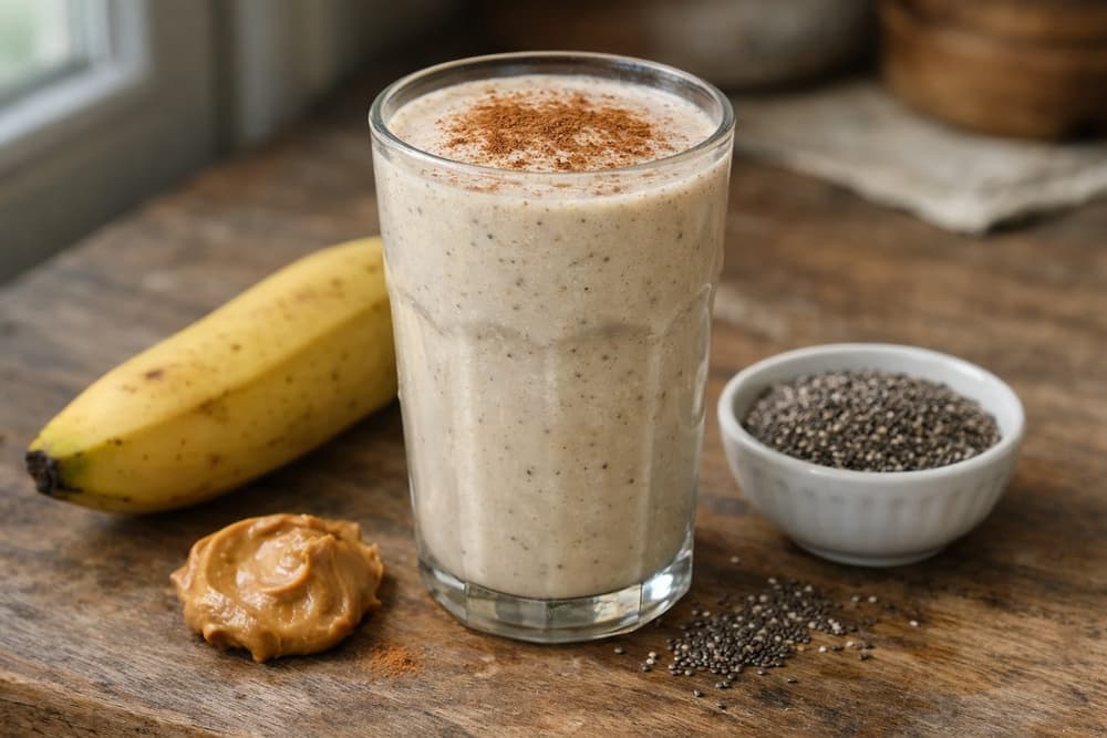 A glass of thick banana smoothie dusted with cinnamon, a banana, a bowl of chia seeds and peanut butter beside it