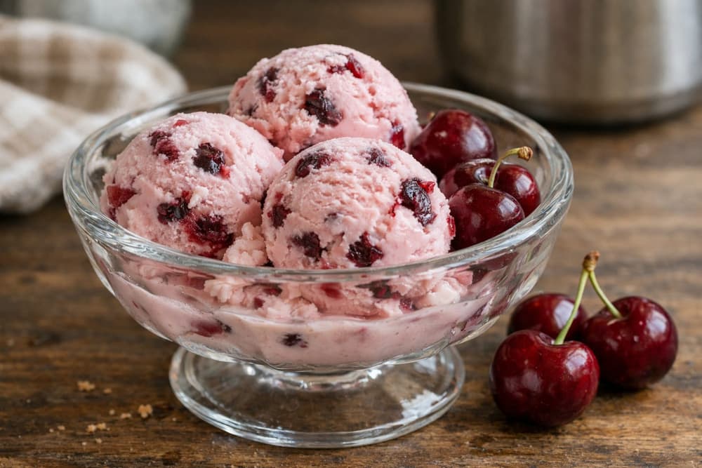 Three scoops of pink cherry ice cream with dark cherry pieces in a glass dish, fresh cherries beside it