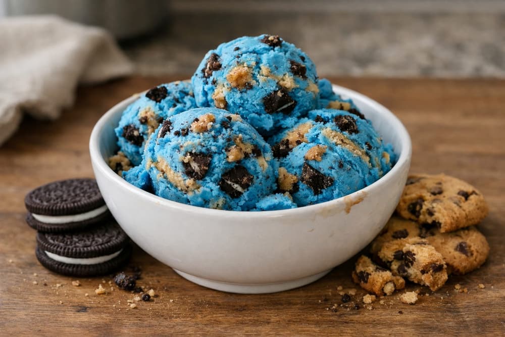 Scoops of bright blue ice cream with chocolate sandwich cookie and chocolate chip cookie pieces in a bowl, cookies beside it