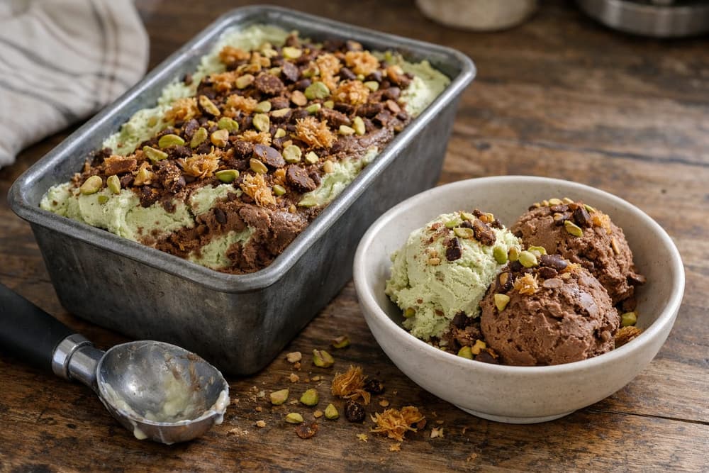 A loaf pan of pistachio and chocolate ice cream with pistachios and chocolate kataifi pieces, two scoops in a bowl beside