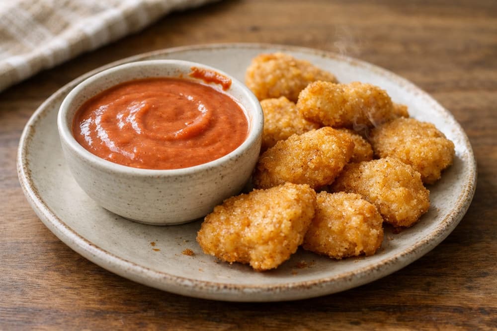 A bowl of creamy brick-red Bell sauce on a plate with golden chicken nuggets beside it
