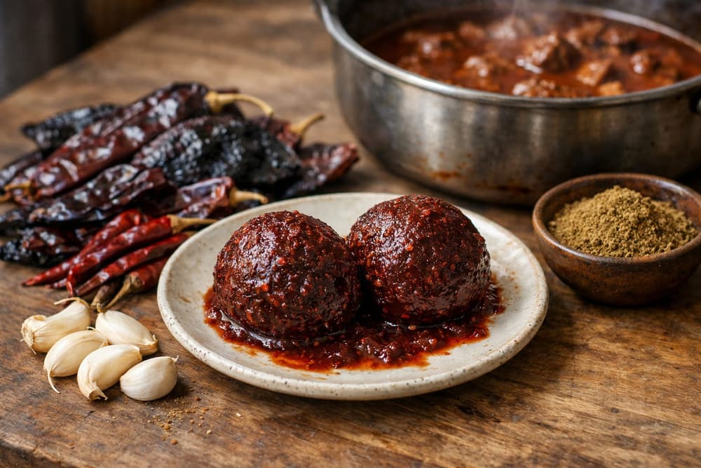 Two dark red balls of chile paste on a plate, with dried chiles, garlic cloves, ground cumin and a pot of beef stew behind