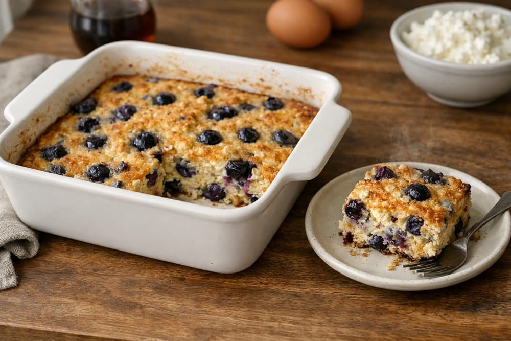 A white baking dish of golden blueberry cottage cheese and oat bake with one square served on a small plate beside it
