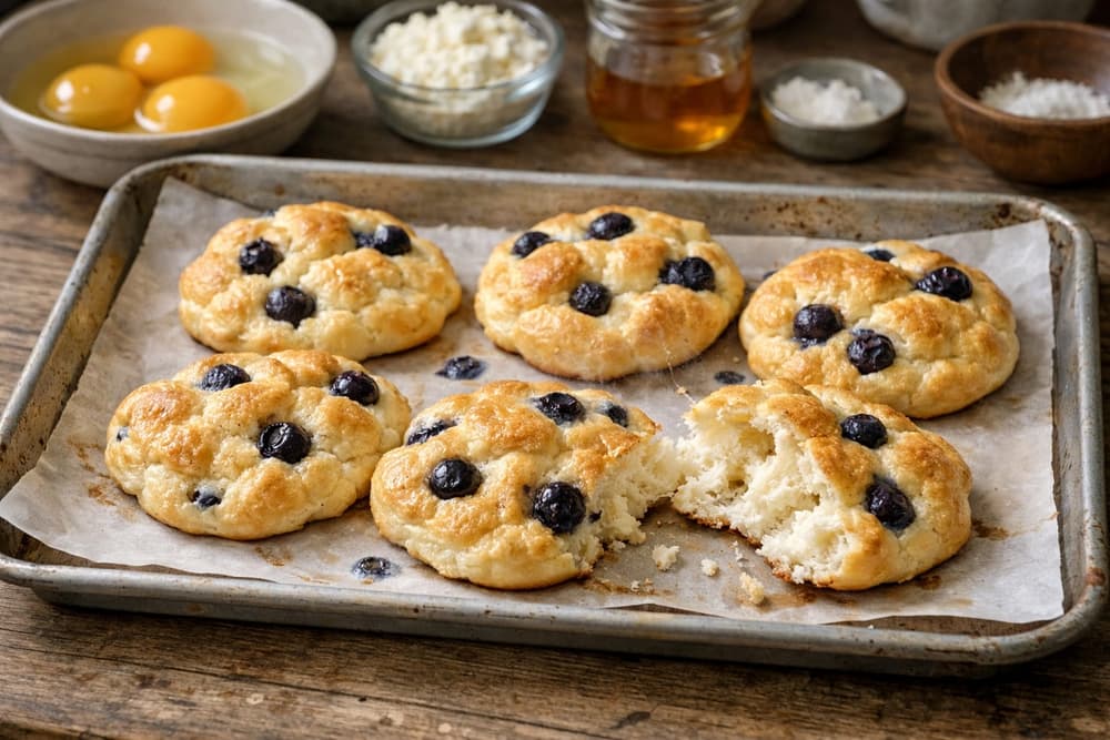 Six golden cloud breads dotted with blueberries on a parchment-lined baking sheet, one torn open to show the soft inside