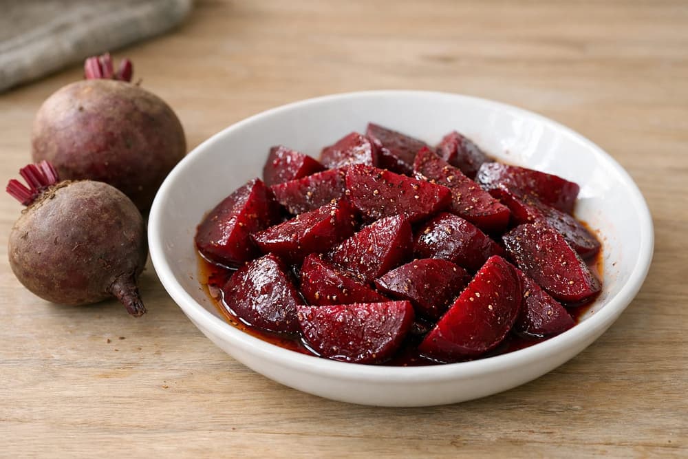 A white bowl of boiled beet wedges, glossy with oil and sprinkled with pepper, beside two whole beets with short stems