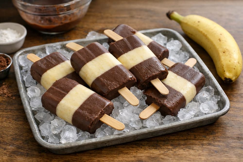 Banana fudge ice pops on a tray of ice, each with a chocolate band at both ends and a pale banana band in the middle